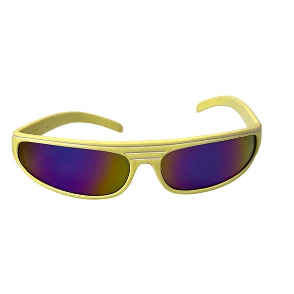 Vintage Retro 80's Yellow Sporty Wraparound Sunglasses Dark Lenses Groovy Cool - Picture 14 of 14